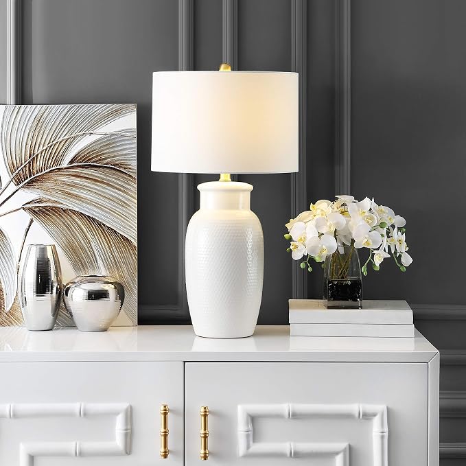 Table Lamp, 28-Inch Ivory Ceramic with Brass Accents