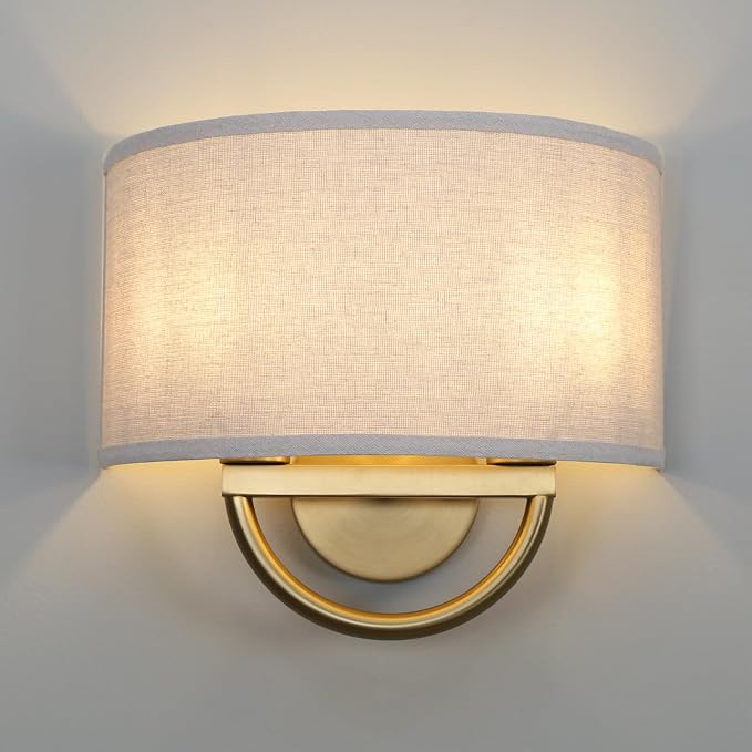 Wall Sconce, 16-Inch Antique Brass 2-Light with Linen Shade
