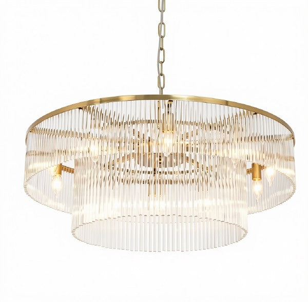 32-Inch Modern Brass 2-Tier Crystal Glass Chandelier