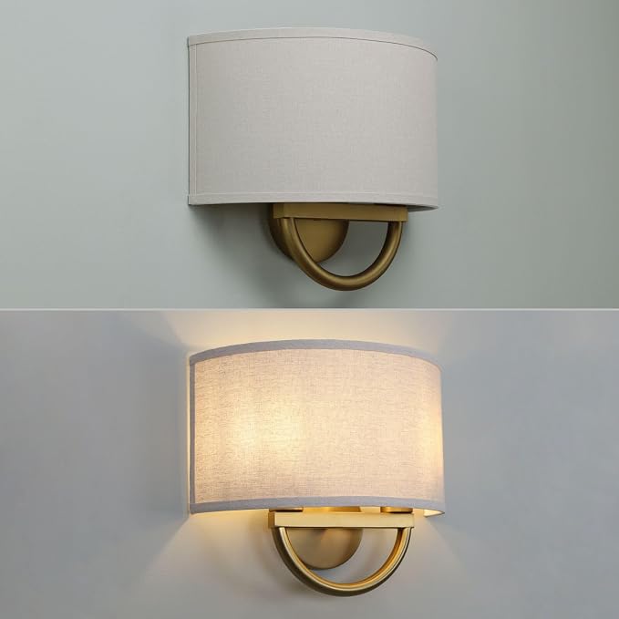 Wall Sconce, 16-Inch Antique Brass 2-Light with Linen Shade