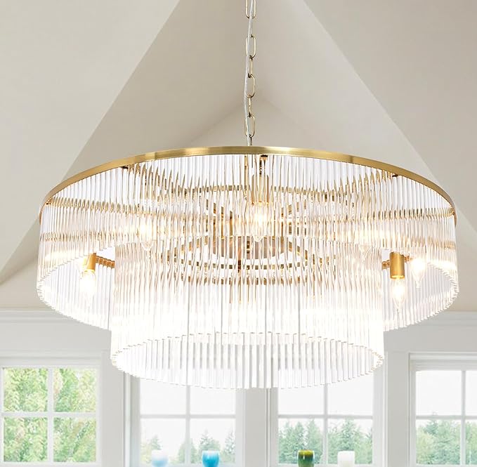 32-Inch Modern Brass 2-Tier Crystal Glass Chandelier