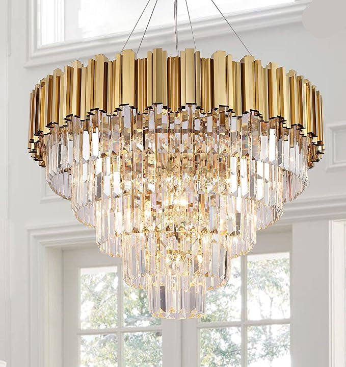 Crystal Chandelier, 27.5-Inch Modern 5-Tier Gold