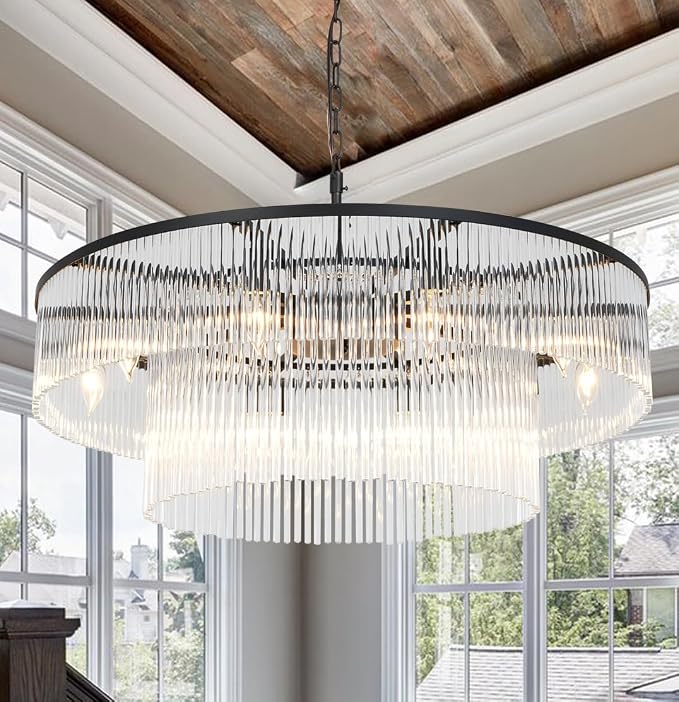 32-Inch Contemporary Black 2-Tier Glass Chandelier