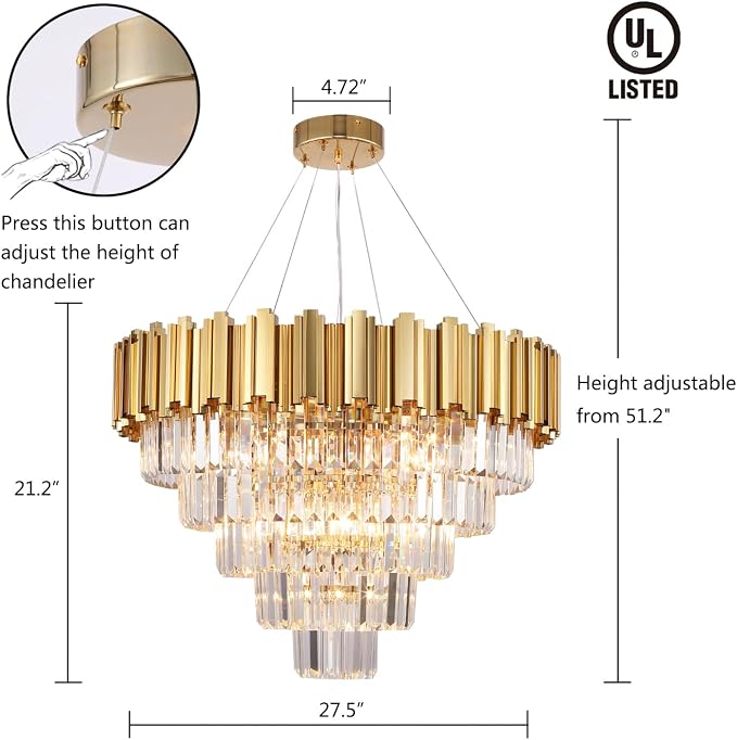 Crystal Chandelier, 27.5-Inch Modern 5-Tier Gold