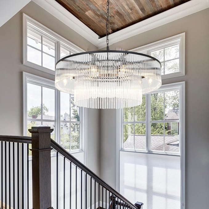 32-Inch Contemporary Black 2-Tier Glass Chandelier