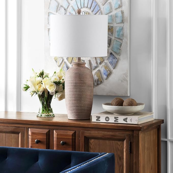 Table Lamp, 27.1-Inch Sandy Pearl Polyresin with Drum Shade
