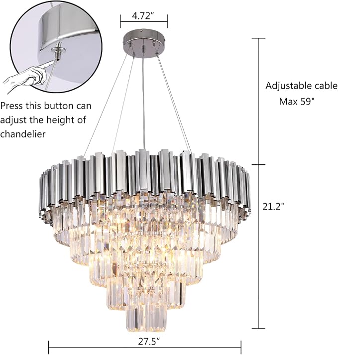 Crystal Chandelier, 27.5-Inch Modern 5-Tier Chrome