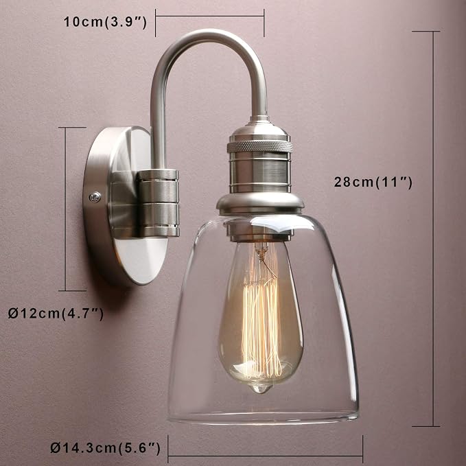 Wall Sconce, 14-Inch Brushed Metal with Clear Glass Shade