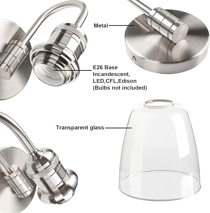 Wall Sconce, 14-Inch Brushed Metal with Clear Glass Shade