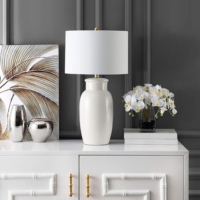 Table Lamp, 28-Inch Ivory Ceramic with Brass Accents
