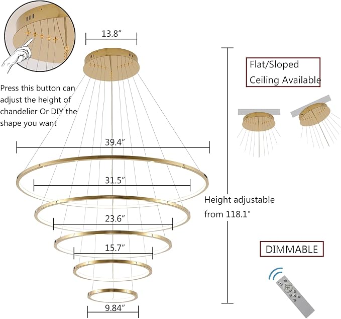 39.3-Inch Modern 5-Ring Gold LED Dimmable Chandelier