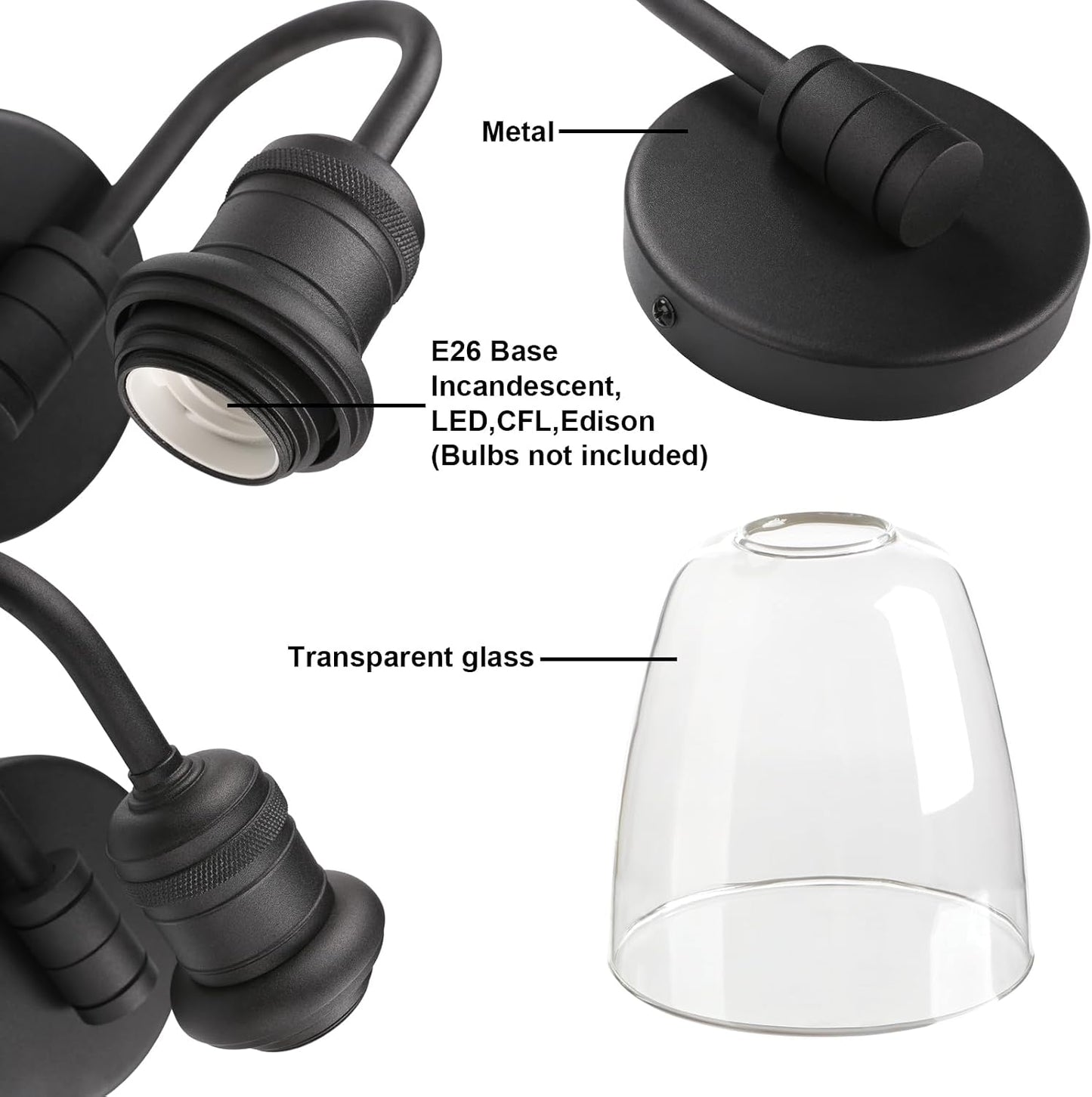 Wall Sconce, 14-Inch Black Glass Shade